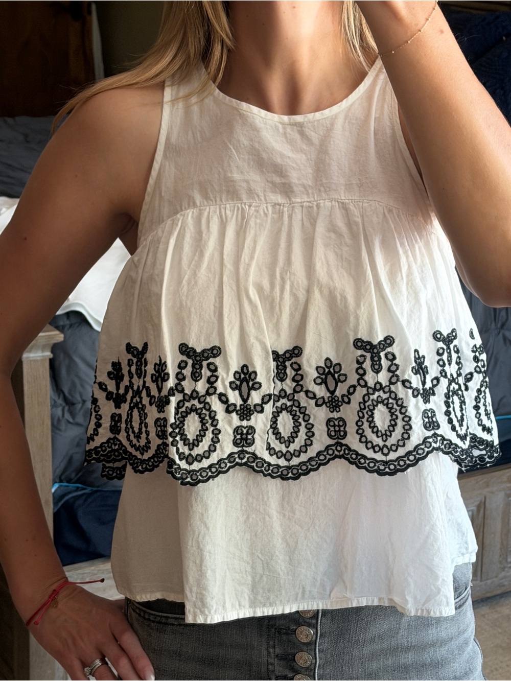 Size Small Sleeveless White and Black Embroidered Top